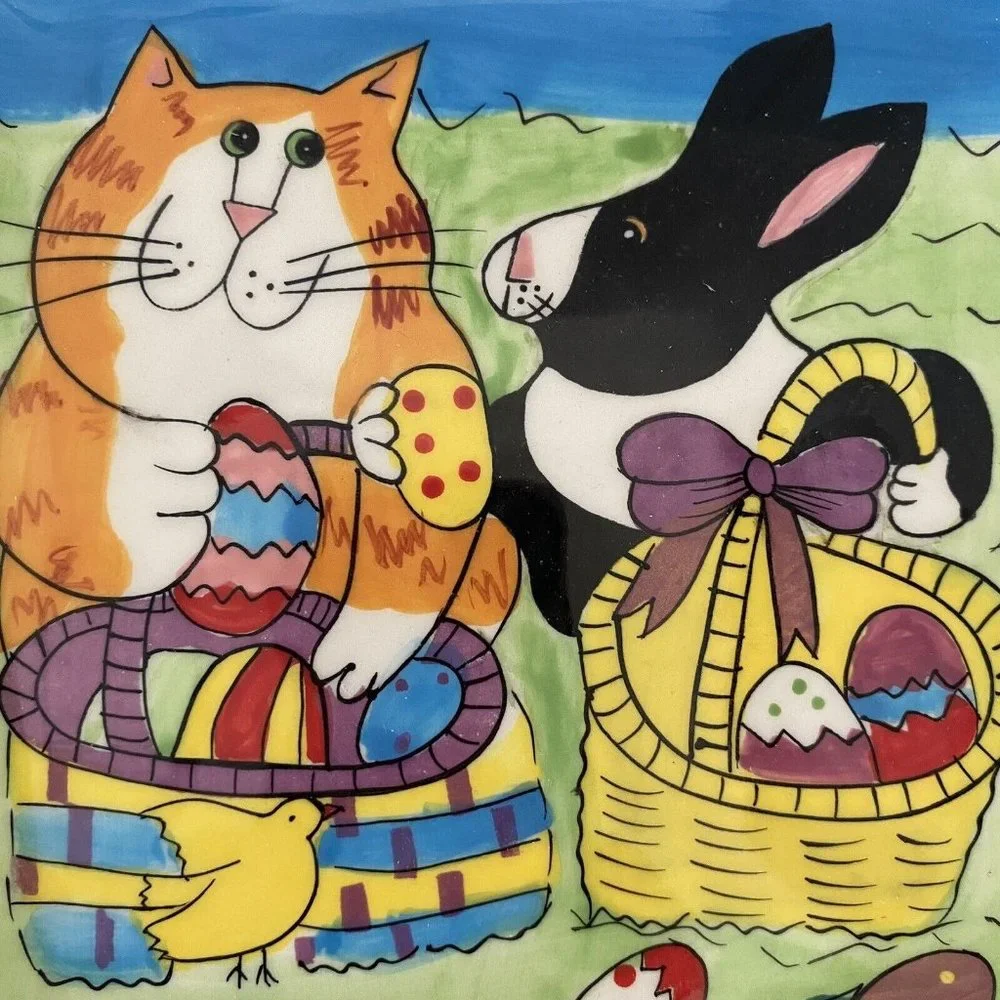 Catzilla ceramic square serving dish Easter bunny eggs yellow hand‎ painted 8